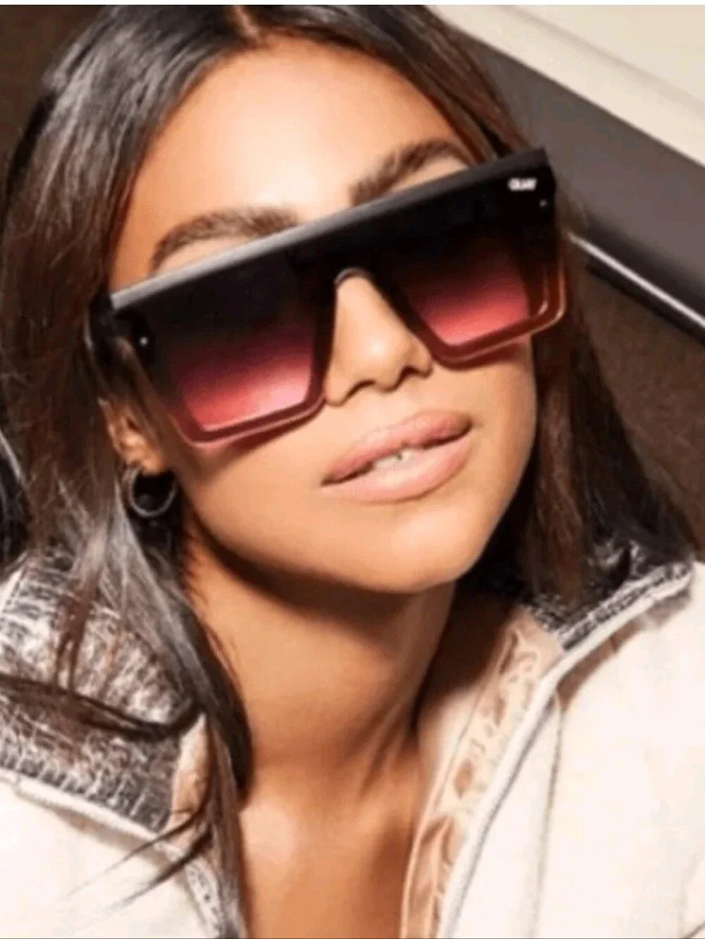 QUAY Hindsight Sunglasses Matte Black Frame Black Pink Fade Lens Shield NEW